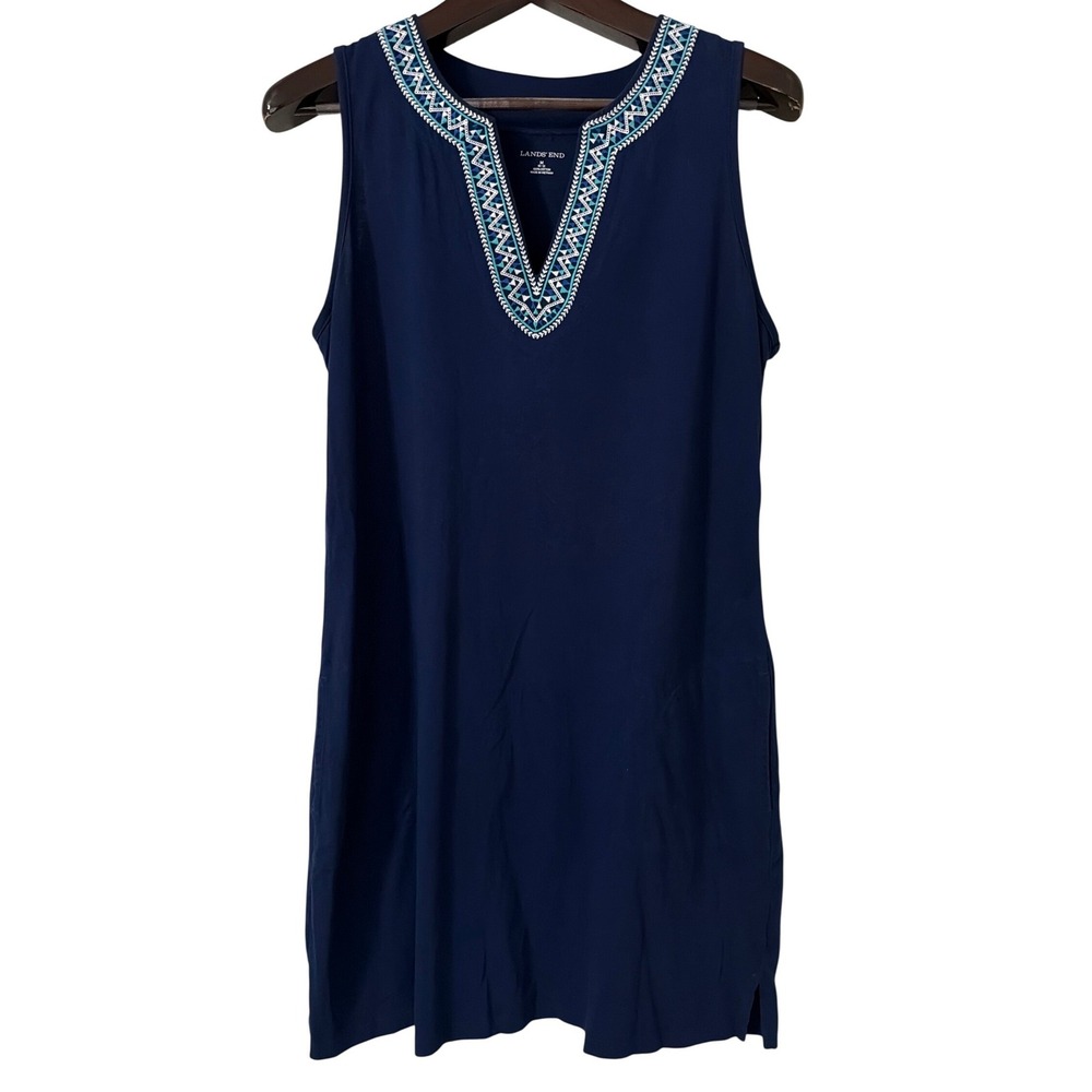 Lands End Navy Blue Embroidered Split Neck Sleeveless Cotton Dress M 10-12